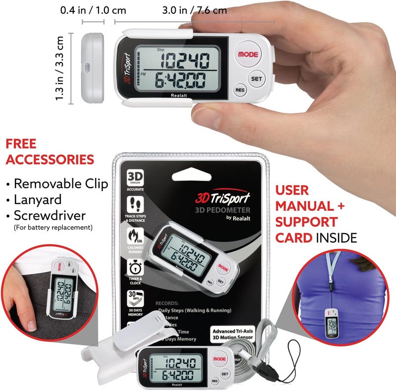 Realalt 3DTriSport Walking 3D Pedometer with Clip & Strap, eBook Included 30 Days Memory Accurate Step Counter, Walking Distance Miles/Km, Calorie Counter, Daily Exercise Time Monitor - Image 4