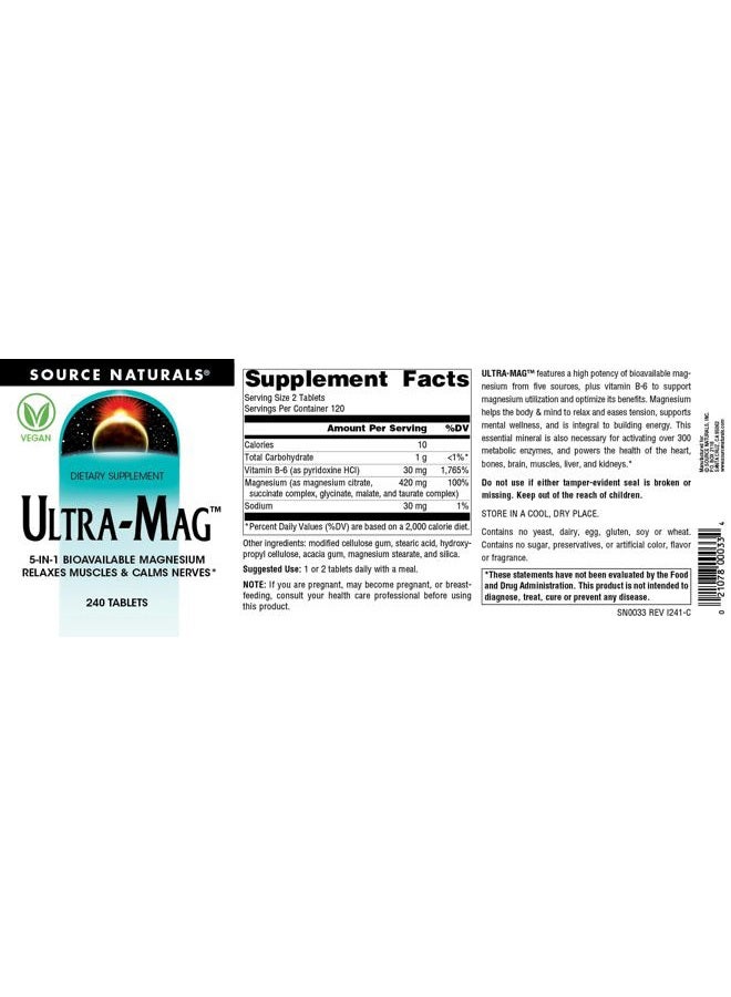 Source Naturals Ultra-Mag High-Efficiency Magnesium Complex - Maintains Muscle & Nerve Function - 240 Tablets - Image 5