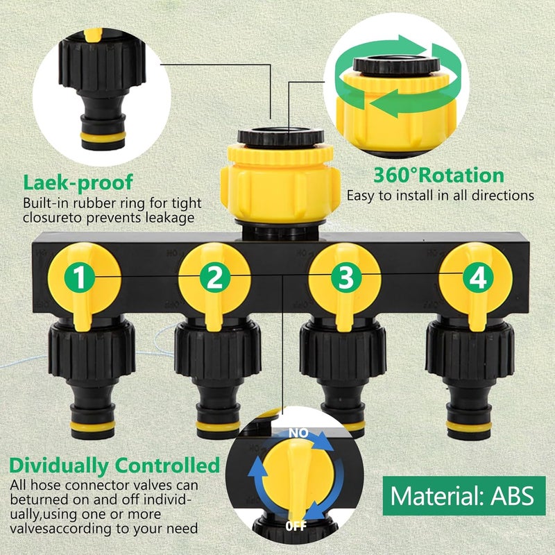 RoseFlower Leak-Proof Sturdy Garden Hose Splitter 4 Way, Outdoor Tap Connector, 3/4" and 1/2" Tap Distributor for Outside Tap Fitting and Garden Hoses, Individual On-Off Valve Water Tap Splitter - Image 3