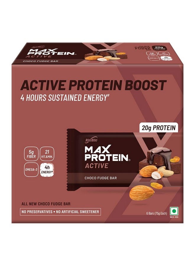 RiteBite Max Protein Active Choco Fudge Protein Bars With 20G Protein, 5G Fiber & 21 Vit. & Minerals | No Cholesterol & Trans Fat For Upto 4H Of Energy, Healthy Snack, 75G (Pack Of 6)  - Image 1