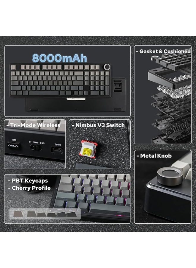 EPOMAKER X AULA F99 PRO Wireless Gaming Keyboard, Hot Swappable, 2.4GHz/Type-C/BT5.0 Custom Mechanical Keyboard with 8000mAh Battery, RGB Backlit (Black Gradient) - Image 4
