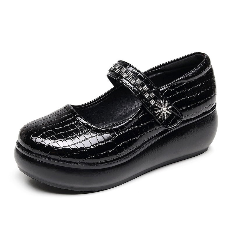 Low-Cut Wedge Platform Platform Platform Women'S Shoes Velcro Rhinestone Platform Shoes Retro Casual Mary Jane Mother Leather Shoes - Image 1