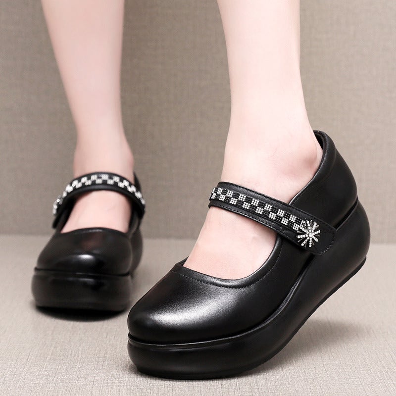 Low-Cut Wedge Platform Platform Platform Women'S Shoes Velcro Rhinestone Platform Shoes Retro Casual Mary Jane Mother Leather Shoes - Image 2