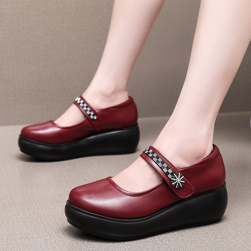Low-Cut Wedge Platform Platform Platform Women'S Shoes Velcro Rhinestone Platform Shoes Retro Casual Mary Jane Mother Leather Shoes - Image 3