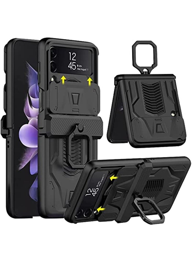 جولدن ماسك لموبايل سامسونج Z فليب 4 بتصميم عسكري مع عدسة منزلقة مع حلقة - (اسود) - Image 1