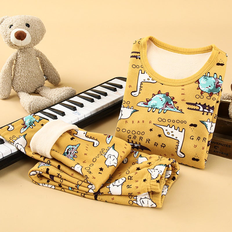 Kids Warm Velvet Cotton Underwear Set Yellow Dinosaur (fleece-lined) 