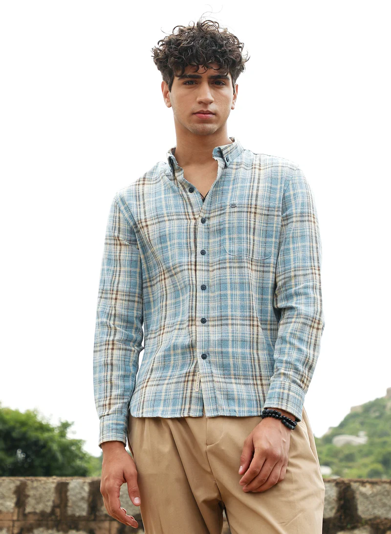 Campus Sutra Campus Sutra Men's Sky Blue Tartan-Woven Regular Shirt | Button-Down Collar , Long Sleeve Cuffed Sleeves , Button Closure | Plaid Plaid | Cotton-Blend Shirt For Casual Wear