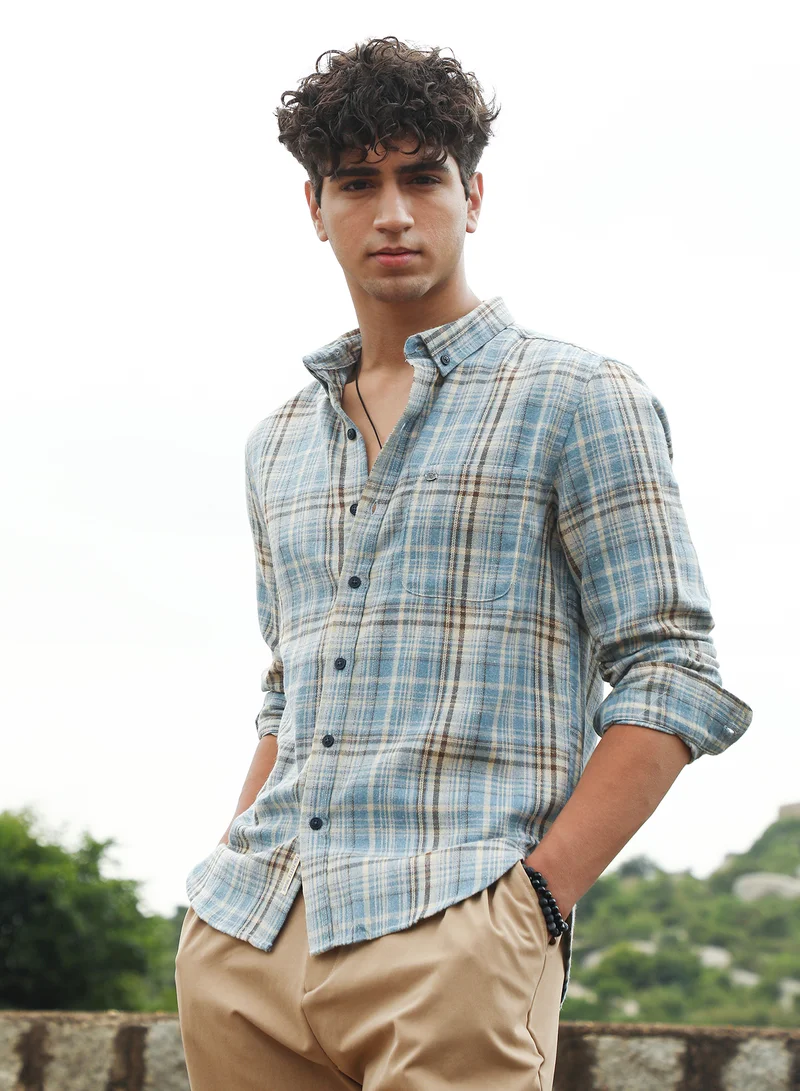 Campus Sutra Campus Sutra Men's Sky Blue Tartan-Woven Regular Shirt | Button-Down Collar , Long Sleeve Cuffed Sleeves , Button Closure | Plaid Plaid | Cotton-Blend Shirt For Casual Wear