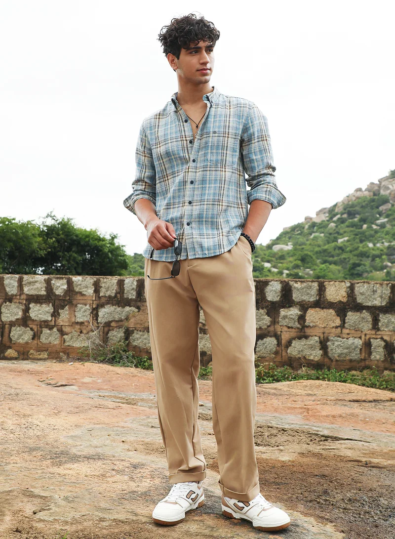 Campus Sutra Campus Sutra Men's Sky Blue Tartan-Woven Regular Shirt | Button-Down Collar , Long Sleeve Cuffed Sleeves , Button Closure | Plaid Plaid | Cotton-Blend Shirt For Casual Wear