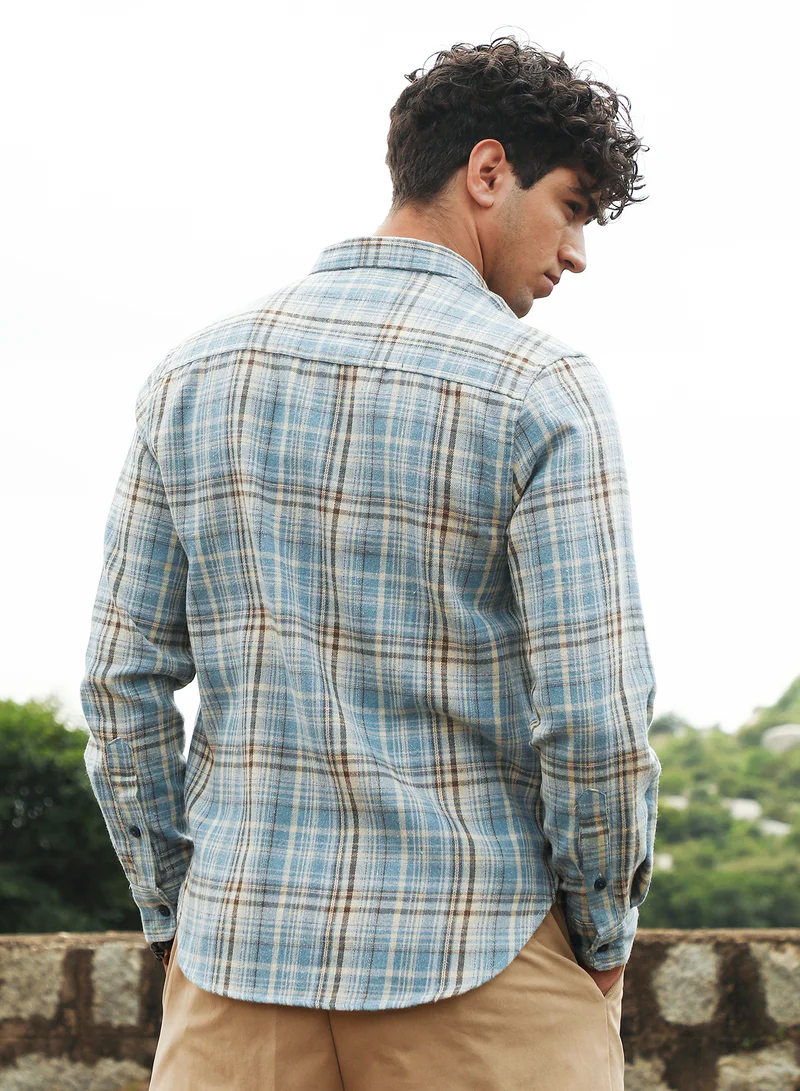 Campus Sutra Campus Sutra Men's Sky Blue Tartan-Woven Regular Shirt | Button-Down Collar , Long Sleeve Cuffed Sleeves , Button Closure | Plaid Plaid | Cotton-Blend Shirt For Casual Wear