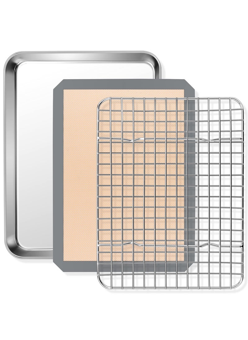 P&P CHEF PP CHEF Toaster Oven Pan with Grid Rack and Silicone Mat Set of 3 Stainless Steel Toaster Oven Tray Baking Pan with Cooling Roasting Rack Dishwasher Safe  9 x 7 x 1 Inch 