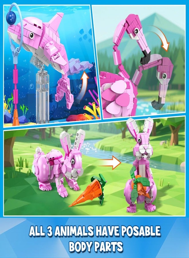 Hogokids مجموعة بناء هوغوكيدز 3 في 1 على شكل فلامنجو وردي مع زهور، شخصية حيوانية مع 3 خيارات بناء - فلامنجو، أرنب، أو دولفين، 558 قطعة هدية عيد الفصح الإبداعية لعيد الميلاد، لعبة تعليمية للأطفال من عمر 6 سنوات فما فوق - Image 5