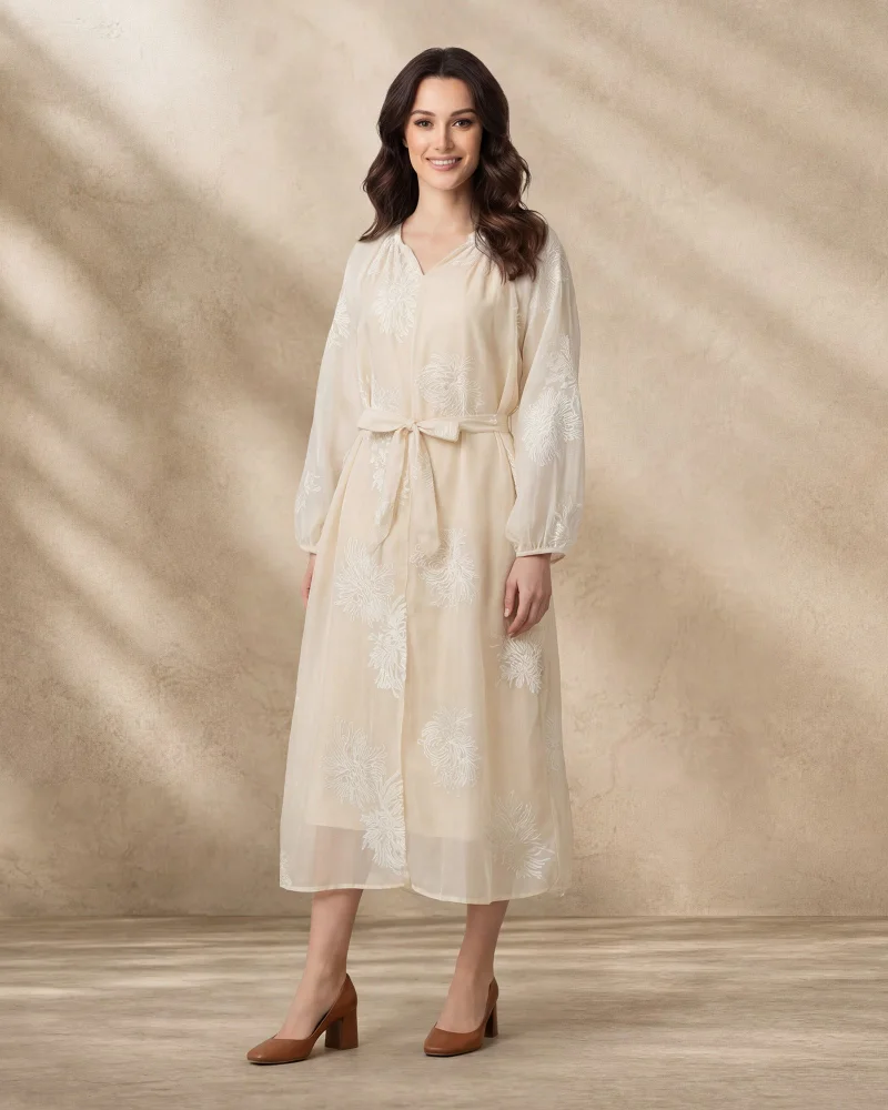 Redtag Women Beige Belted Long Sleeve Midi Dress