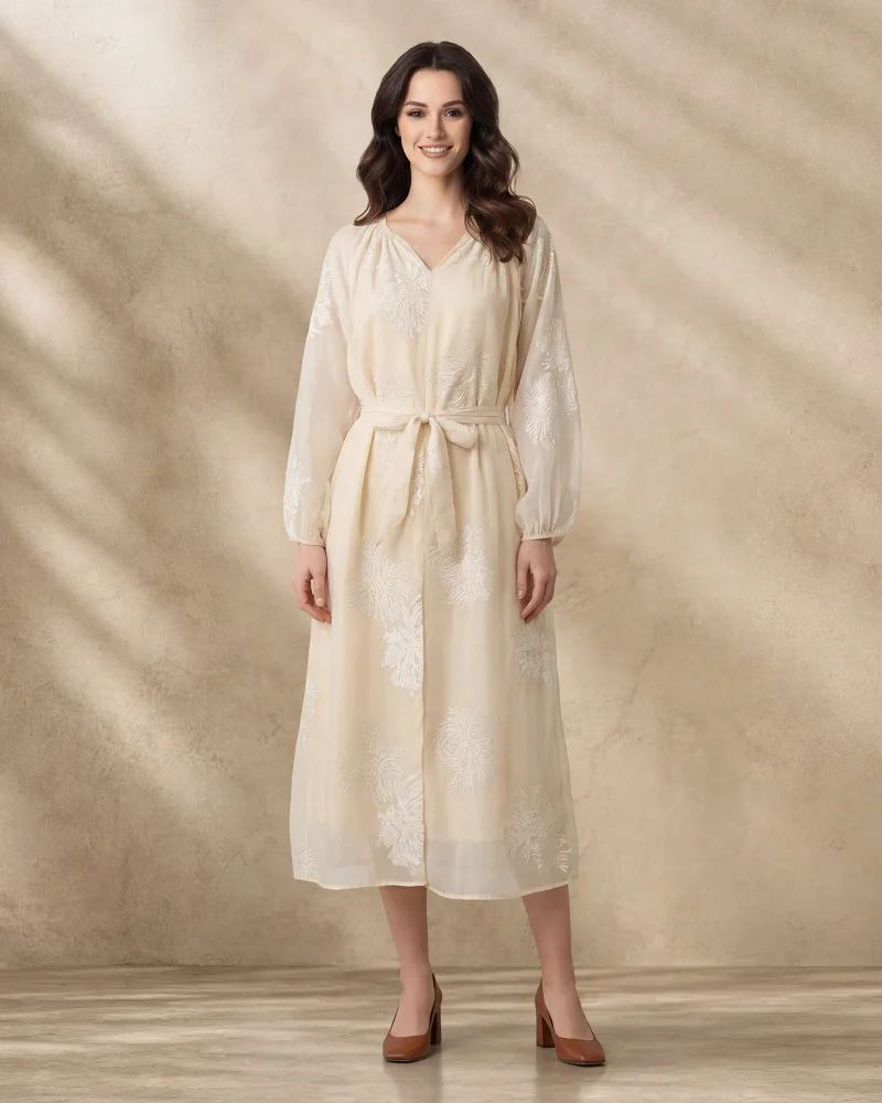 Redtag Women Beige Belted Long Sleeve Midi Dress