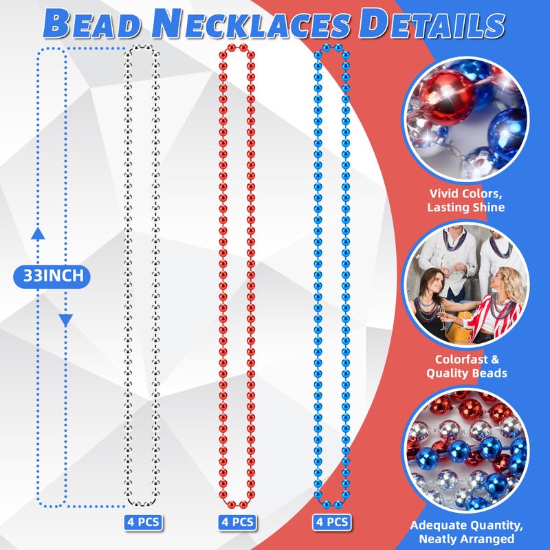 YAXINRUI 15 PCS 4th of July Necklace Patriotic Beads Necklaces, 4th of july Accessories 33 Inch Independence Day Necklaces 4th of July Beads for Patriotic Parade Party - Image 3