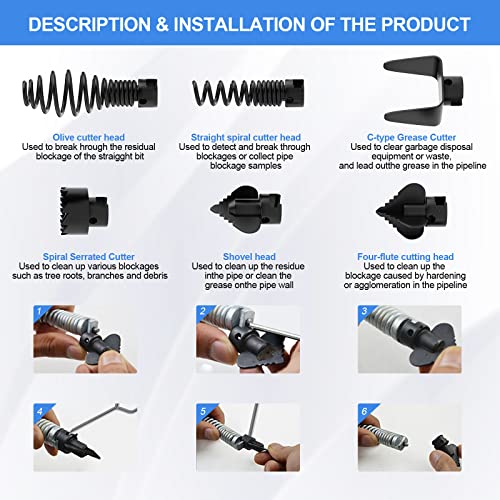 FEITON 7PCS Drain Cleaner Combination Cutter Head Set,16mm Manganese Steel Spring Automatic Locking Drain Dredging Cutter Head Accessories for Drain Cleaning Machines - Image 4