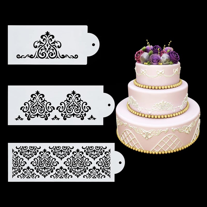 FVVMEED 3 Pieces Cake Decorating Templates Powdered Sugar Sieve Template Set Wedding Cake Decorative Flower Edge Molding Baking Tool,Cake Lace Decoration Stencils Food Grade Plastic Stencils Molds - Image 1