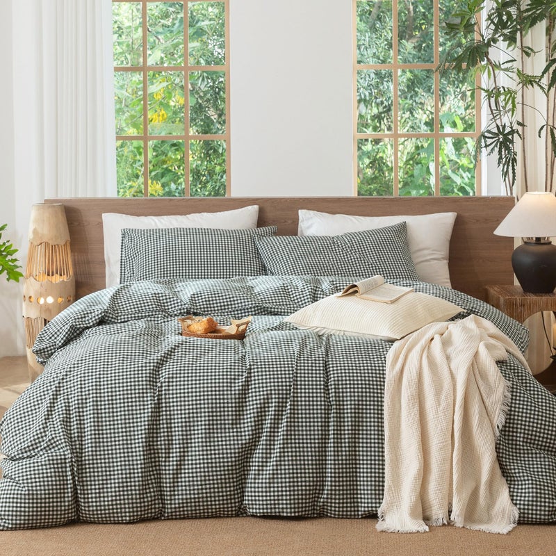 MooMee Gingham Duvet Cover Set 100% Washed Cotton Linen Like Textured Breathable Durable Soft Comfy Modern Checkered Design (Mini Gingham Forest Green, Queen 90"x90") - Image 1