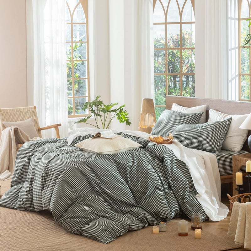 MooMee Gingham Duvet Cover Set 100% Washed Cotton Linen Like Textured Breathable Durable Soft Comfy Modern Checkered Design (Mini Gingham Forest Green, Queen 90"x90") - Image 3