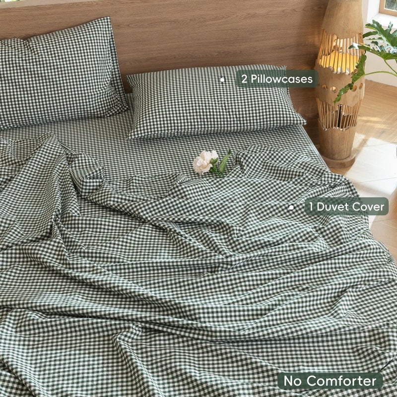 MooMee Gingham Duvet Cover Set 100% Washed Cotton Linen Like Textured Breathable Durable Soft Comfy Modern Checkered Design (Mini Gingham Forest Green, Queen 90"x90") - Image 2