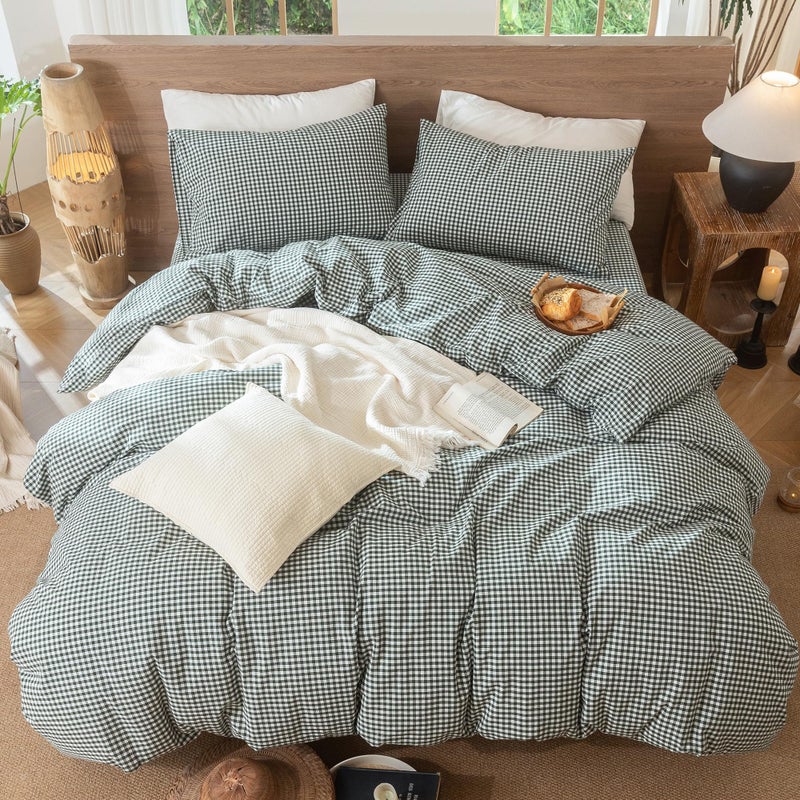 MooMee Gingham Duvet Cover Set 100% Washed Cotton Linen Like Textured Breathable Durable Soft Comfy Modern Checkered Design (Mini Gingham Forest Green, Queen 90"x90") - Image 5