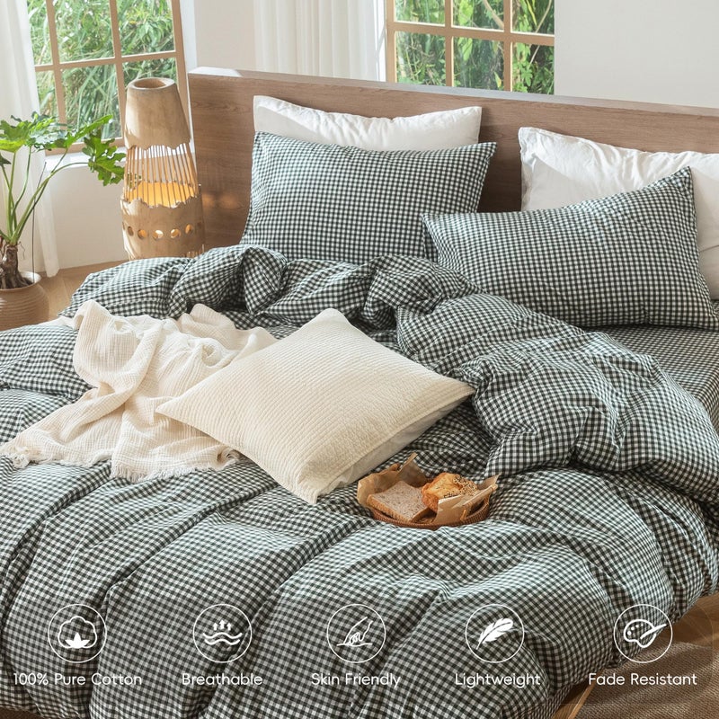 MooMee Gingham Duvet Cover Set 100% Washed Cotton Linen Like Textured Breathable Durable Soft Comfy Modern Checkered Design (Mini Gingham Forest Green, Queen 90"x90") - Image 4