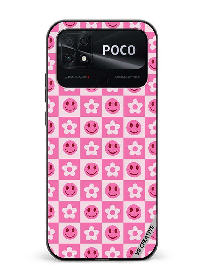 VR CREATIVE Protective Case Cover For Xiaomi Poco C40 Checkered Hot Pink Retro Flowers And Happy Faces Seamless Pattern Design Multicolour - Image 1