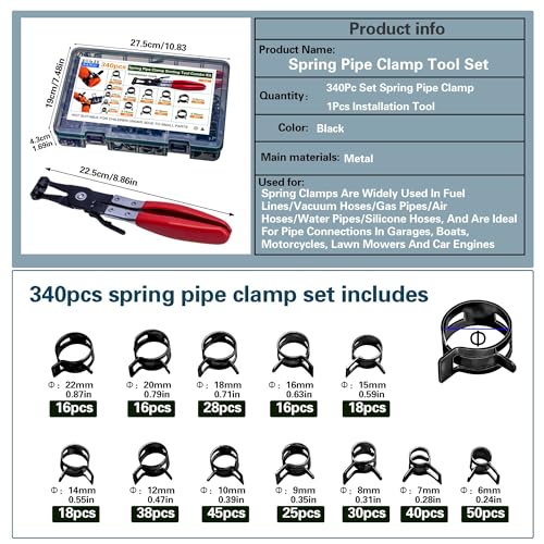 AskWay Spring Pipe Clamps340PCS, With Spring Pipe Clamp Tools, 12 Sizes 6-22mm Spring Hose Clamps, Used To Fix Hose Interfaces In Automotive, Marine, Gardening, Industrial Applications - Image 2