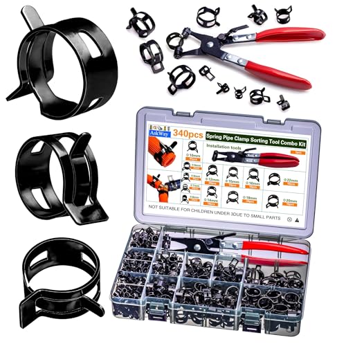 AskWay Spring Pipe Clamps340PCS, With Spring Pipe Clamp Tools, 12 Sizes 6-22mm Spring Hose Clamps, Used To Fix Hose Interfaces In Automotive, Marine, Gardening, Industrial Applications - Image 1