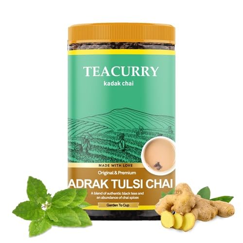 TEACURRY شاي تيكاري أدراك تولسي (100 جرام، 50 كوب) - شاي الزنجبيل تولسي للهضم والمناعة - مكونات طبيعية 100%  - Image 1