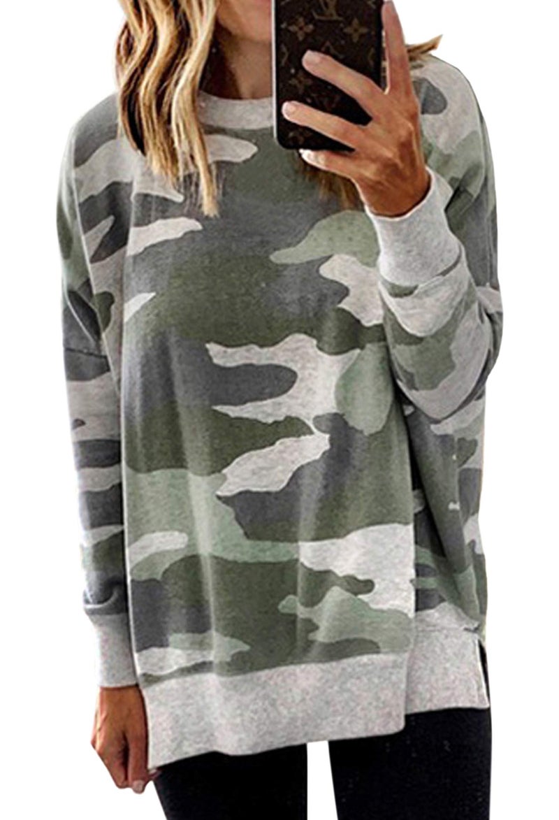 ECOWISH Women Side Split Sweatshirt: Fall Crewneck Long Sleeve Oversized Camo Shirts Casual Camouflage Print Pullover Tops 017 Gray Green L - Image 1