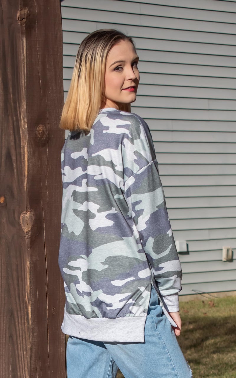 ECOWISH Women Side Split Sweatshirt: Fall Crewneck Long Sleeve Oversized Camo Shirts Casual Camouflage Print Pullover Tops 017 Gray Green L - Image 4