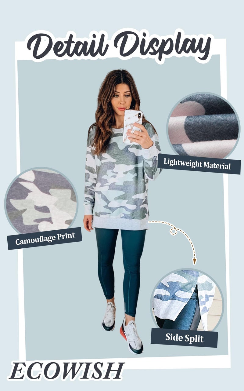 ECOWISH Women Side Split Sweatshirt: Fall Crewneck Long Sleeve Oversized Camo Shirts Casual Camouflage Print Pullover Tops 017 Gray Green L - Image 5