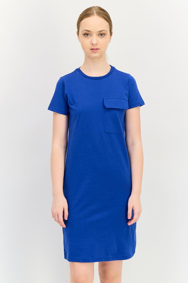 trendyol Women Plain Pocket Detailed Mini T-Shirt Dress, Royal Blue - Image 1