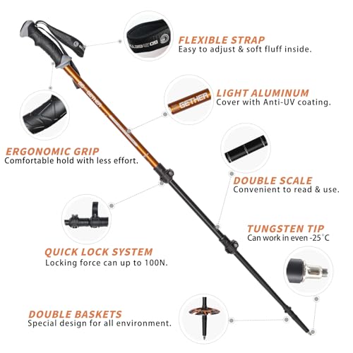 G2 GO2GETHER G2 Trekking Hiking Poles Telescopic/Aluminum Alloy/Comfort Handle/Auto-Adjustable Strap/Quick Flip Lock/Snow Baskets Attached (Pack of 2 Poles) (Orange & Black) - Image 3