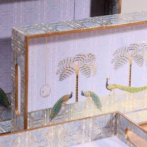 DULI Set of 3 Enamel Coated Waterproof MDF Serving Trays – Peacock Print – Sizes 16x10, 14x8, 12x6 Inches – Decorative & Durable with Side Handles (Setof3-LilacGoldenPeacockWP) - Image 3