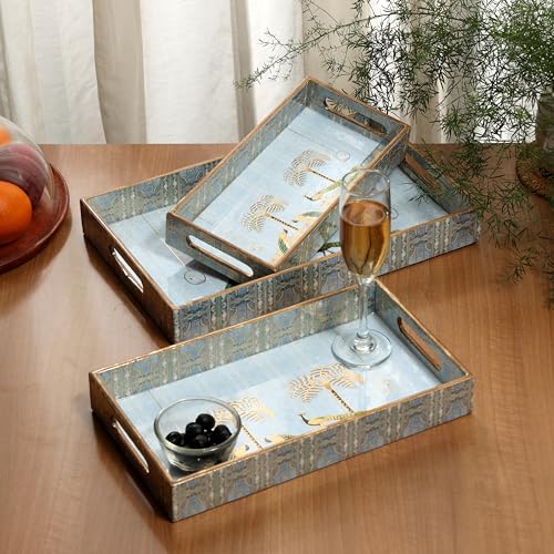DULI Set of 3 Enamel Coated Waterproof MDF Serving Trays – Peacock Print – Sizes 16x10, 14x8, 12x6 Inches – Decorative & Durable with Side Handles (Setof3-LilacGoldenPeacockWP) - Image 1