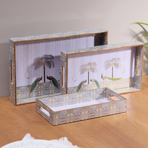 DULI Set of 3 Enamel Coated Waterproof MDF Serving Trays – Peacock Print – Sizes 16x10, 14x8, 12x6 Inches – Decorative & Durable with Side Handles (Setof3-LilacGoldenPeacockWP) - Image 4