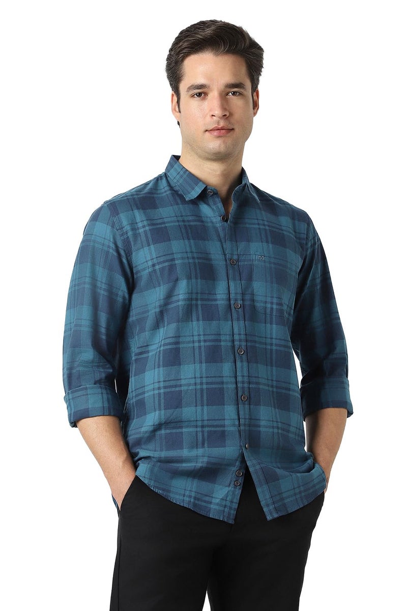 Peter England Men Blue Slim Fit Check Full Sleeves Casual Shirt - Image 1