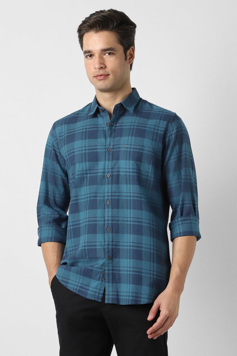 Peter England Men Blue Slim Fit Check Full Sleeves Casual Shirt - Image 4