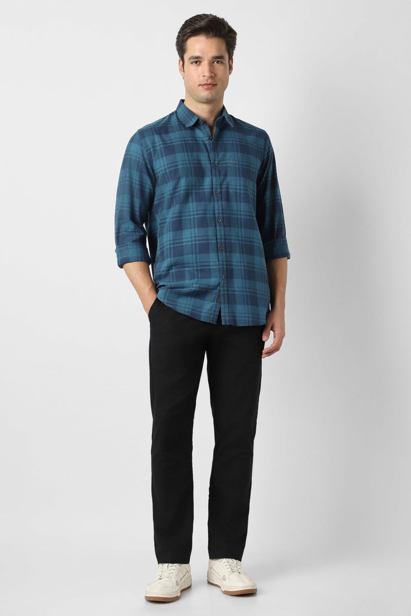 Peter England Men Blue Slim Fit Check Full Sleeves Casual Shirt - Image 2