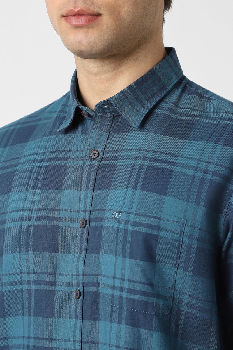 Peter England Men Blue Slim Fit Check Full Sleeves Casual Shirt - Image 5