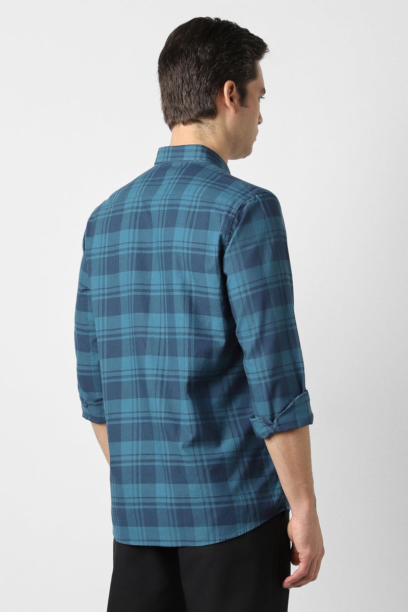 Peter England Men Blue Slim Fit Check Full Sleeves Casual Shirt - Image 3