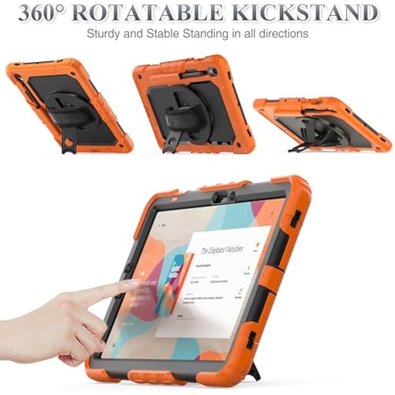 Case for Samsung Galaxy Tab S10 Lite / S10 FE / S9 FE 5G / S9 Tablet Case 10.9''/ 11'' Protective with Screen Protector, Pen Holder, 360 Rotate Stand, Hand Strap, Shoulder Strap, Orange - Image 4