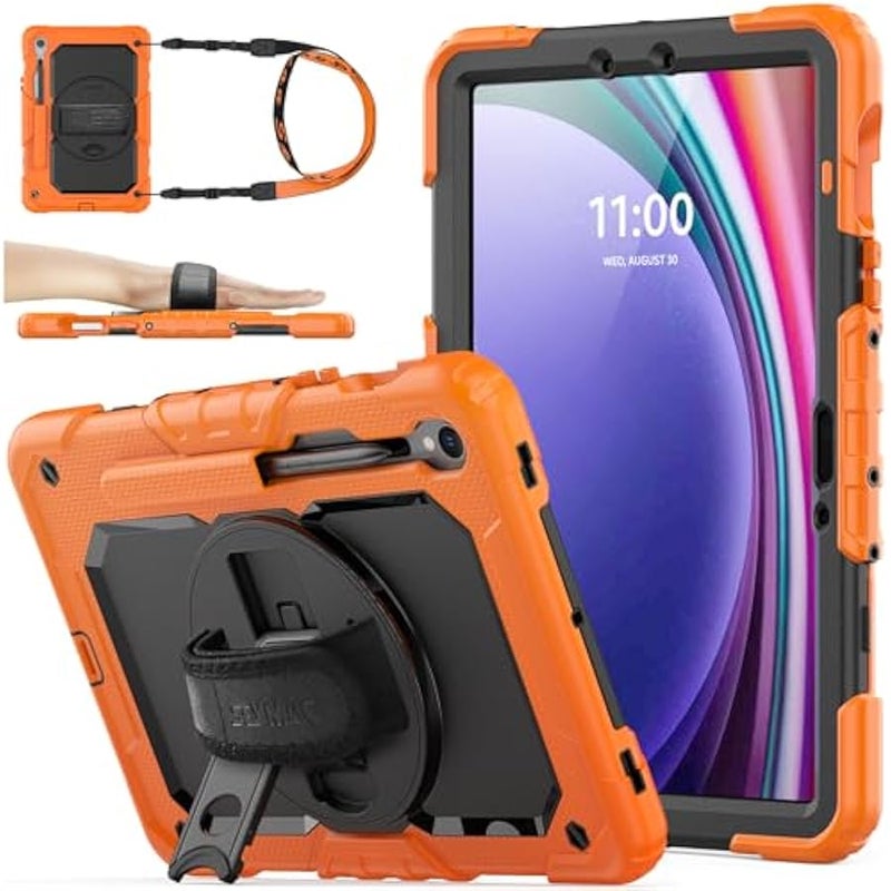 Case for Samsung Galaxy Tab S10 Lite / S10 FE / S9 FE 5G / S9 Tablet Case 10.9''/ 11'' Protective with Screen Protector, Pen Holder, 360 Rotate Stand, Hand Strap, Shoulder Strap, Orange - Image 1