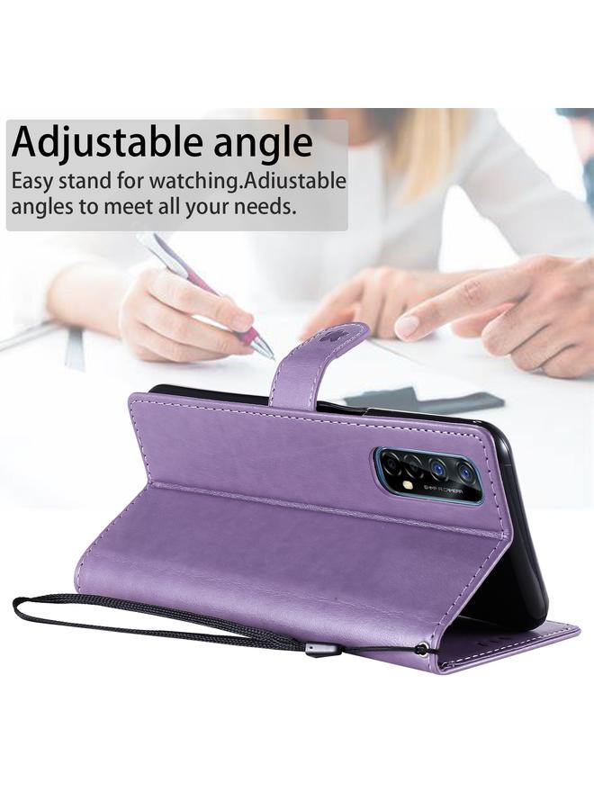 اس-توب جراب لهاتف OPPO Realme 7 5G، جراب جلدي أفقي مقاوم للصدمات بنقشة نحلة القطة مع حامل وفتحات للبطاقات ومحفظة - Image 4