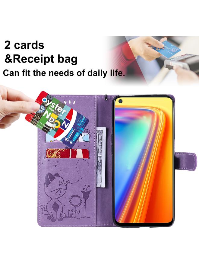 اس-توب جراب لهاتف OPPO Realme 7 5G، جراب جلدي أفقي مقاوم للصدمات بنقشة نحلة القطة مع حامل وفتحات للبطاقات ومحفظة - Image 5