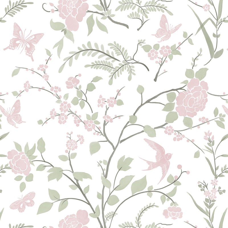 Fiula Floral Wallpaper Pink/Green Wallpaper Vintage Peel and Stick Wall Paper Boho Botanical Contact Paper for Cabinets Bird Butterfly Renter Friendly Self-Adhesive Bathroom Bedroom 78.7"Ã—17.3" - Image 1