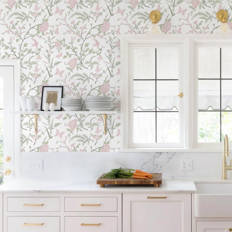 Fiula Floral Wallpaper Pink/Green Wallpaper Vintage Peel and Stick Wall Paper Boho Botanical Contact Paper for Cabinets Bird Butterfly Renter Friendly Self-Adhesive Bathroom Bedroom 78.7"Ã—17.3" - Image 5