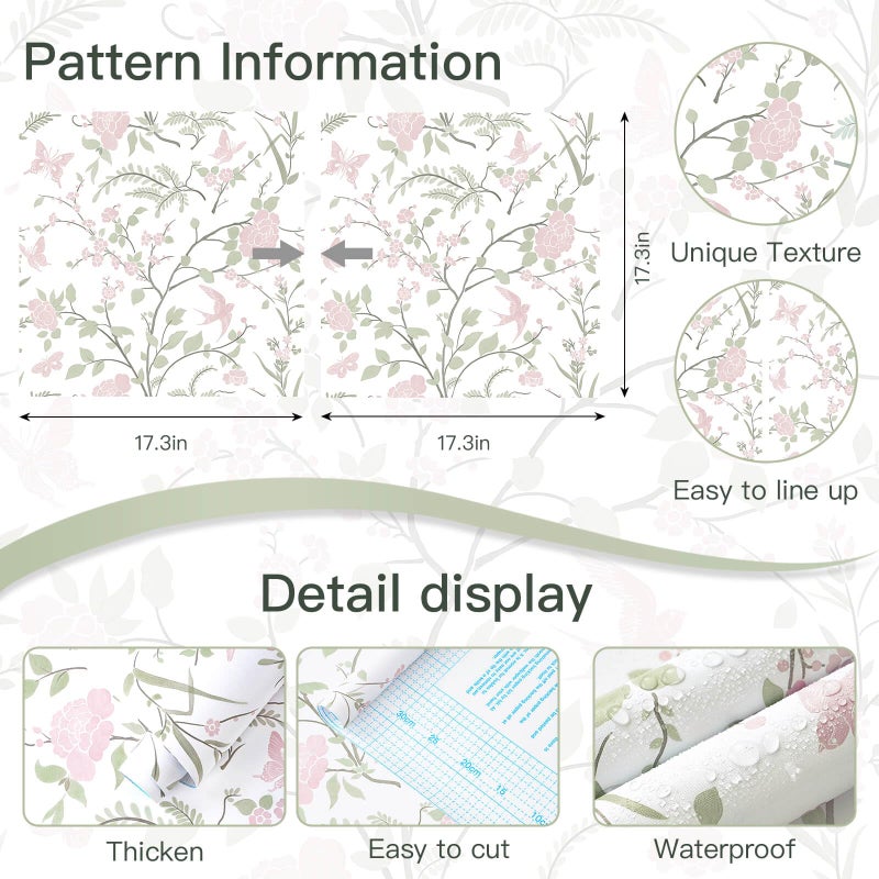 Fiula Floral Wallpaper Pink/Green Wallpaper Vintage Peel and Stick Wall Paper Boho Botanical Contact Paper for Cabinets Bird Butterfly Renter Friendly Self-Adhesive Bathroom Bedroom 78.7"Ã—17.3" - Image 4